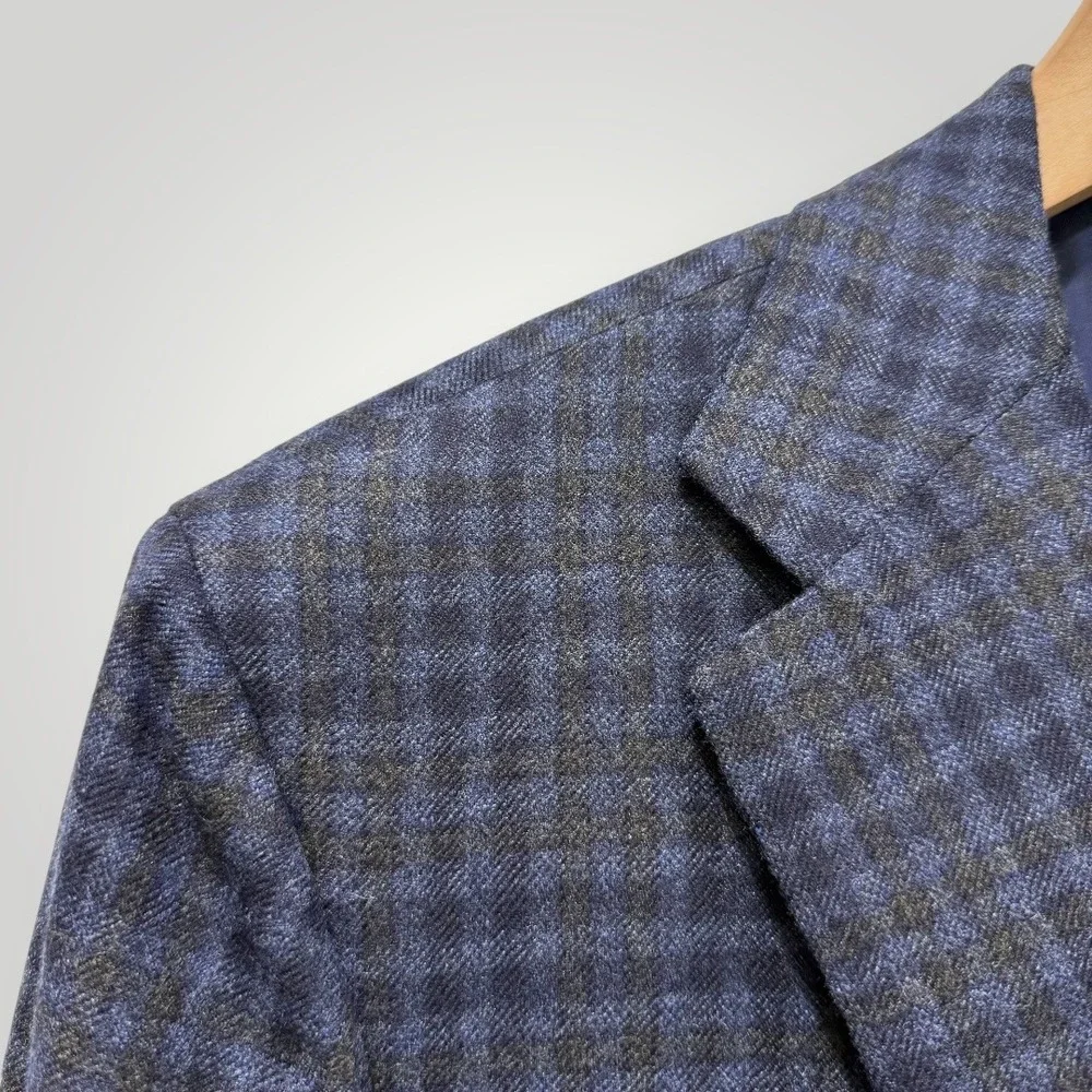 Kiton 100% Cashmere Sport‎ Coat Mens 42R Blue Grey Plaid Blazer Italy Boyd's
